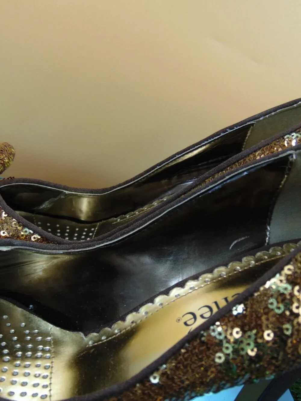 J.Renee Bronze Gold Sequin Bow Peep Toe Heels Pumps Womens Size 10M